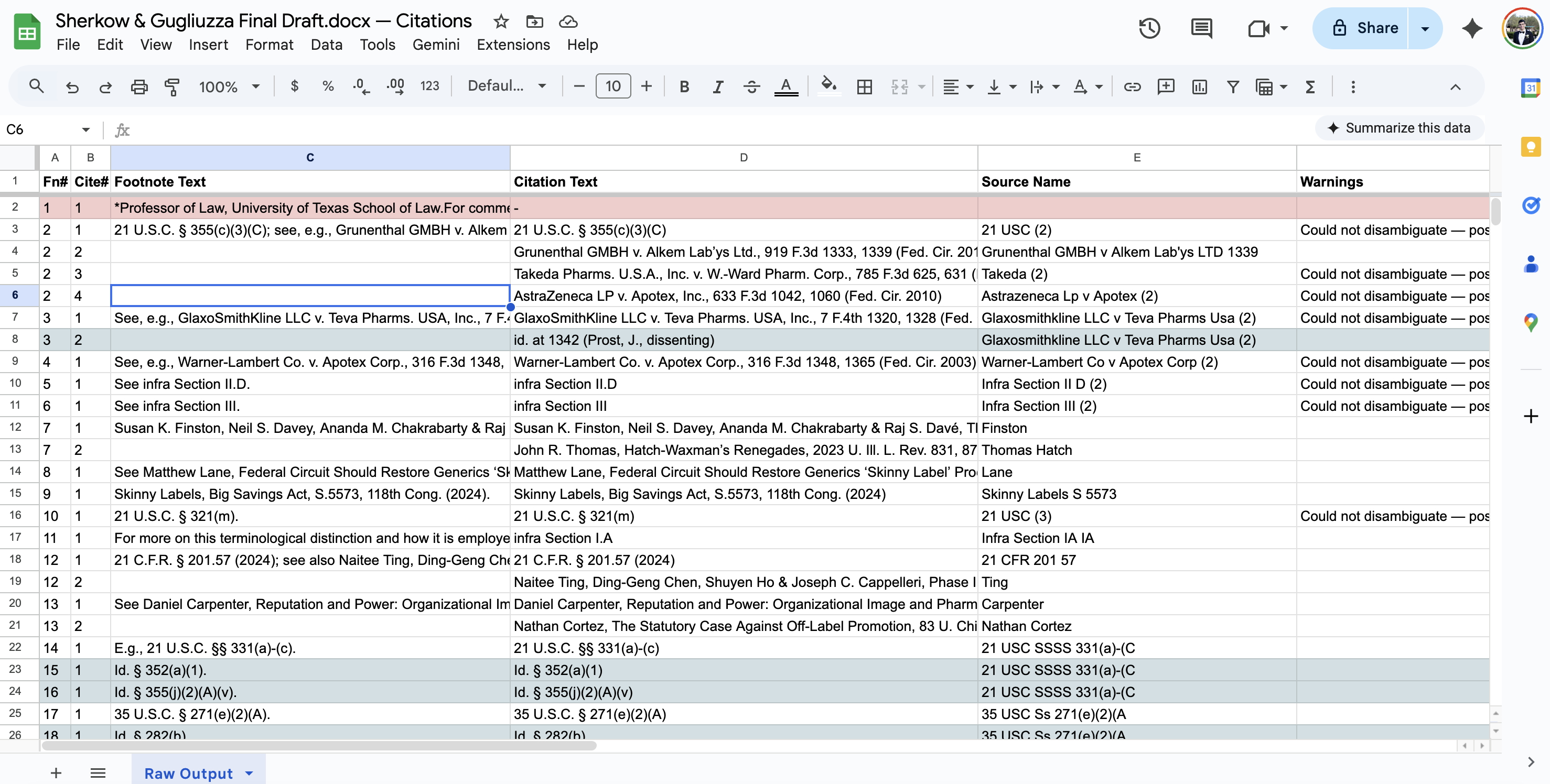 Citation extraction results opened in Google Sheets