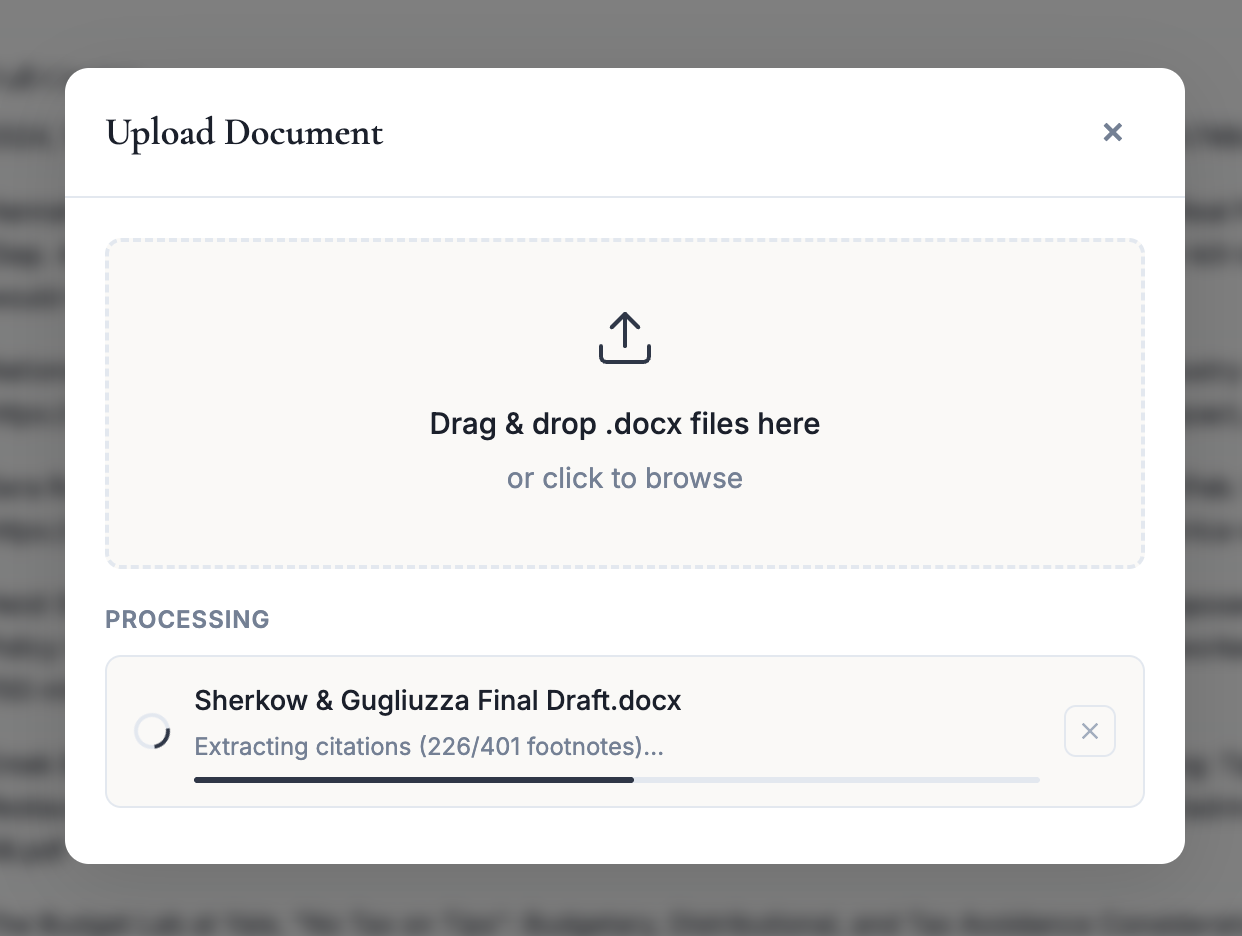 Upload modal showing real-time citation extraction progress