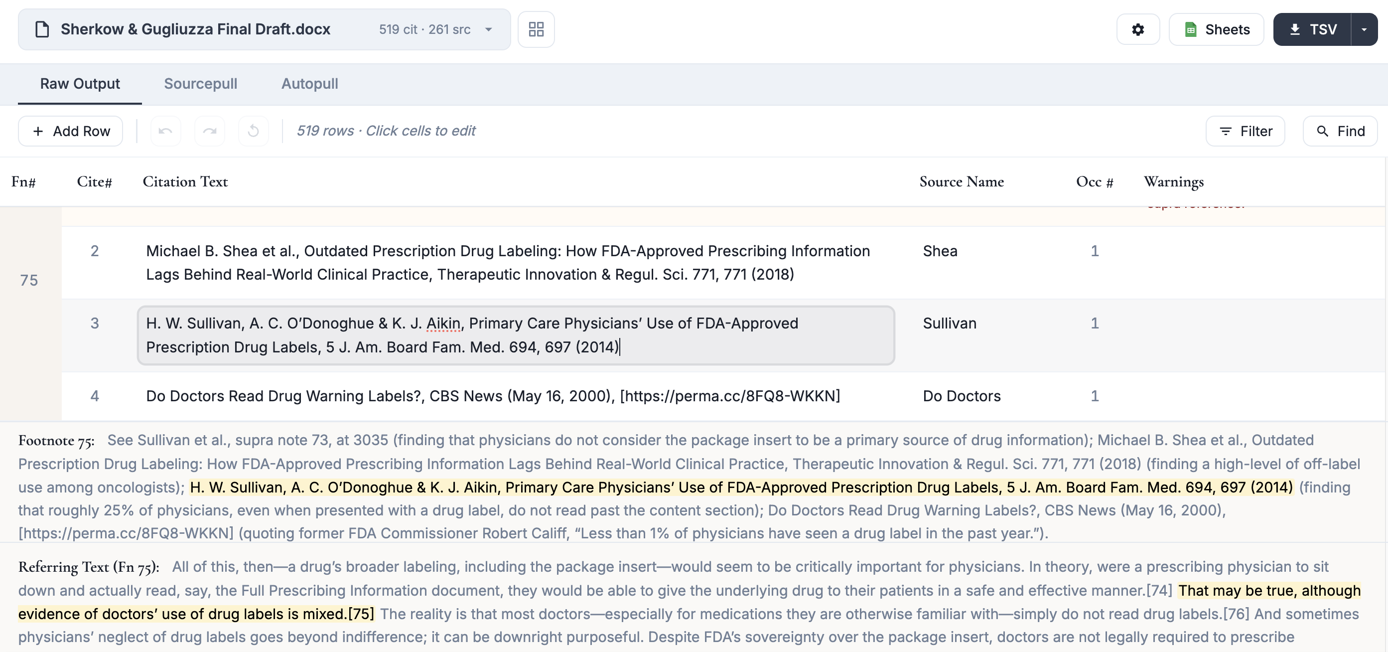 In-browser viewer showing editable citation table with referring footnote text